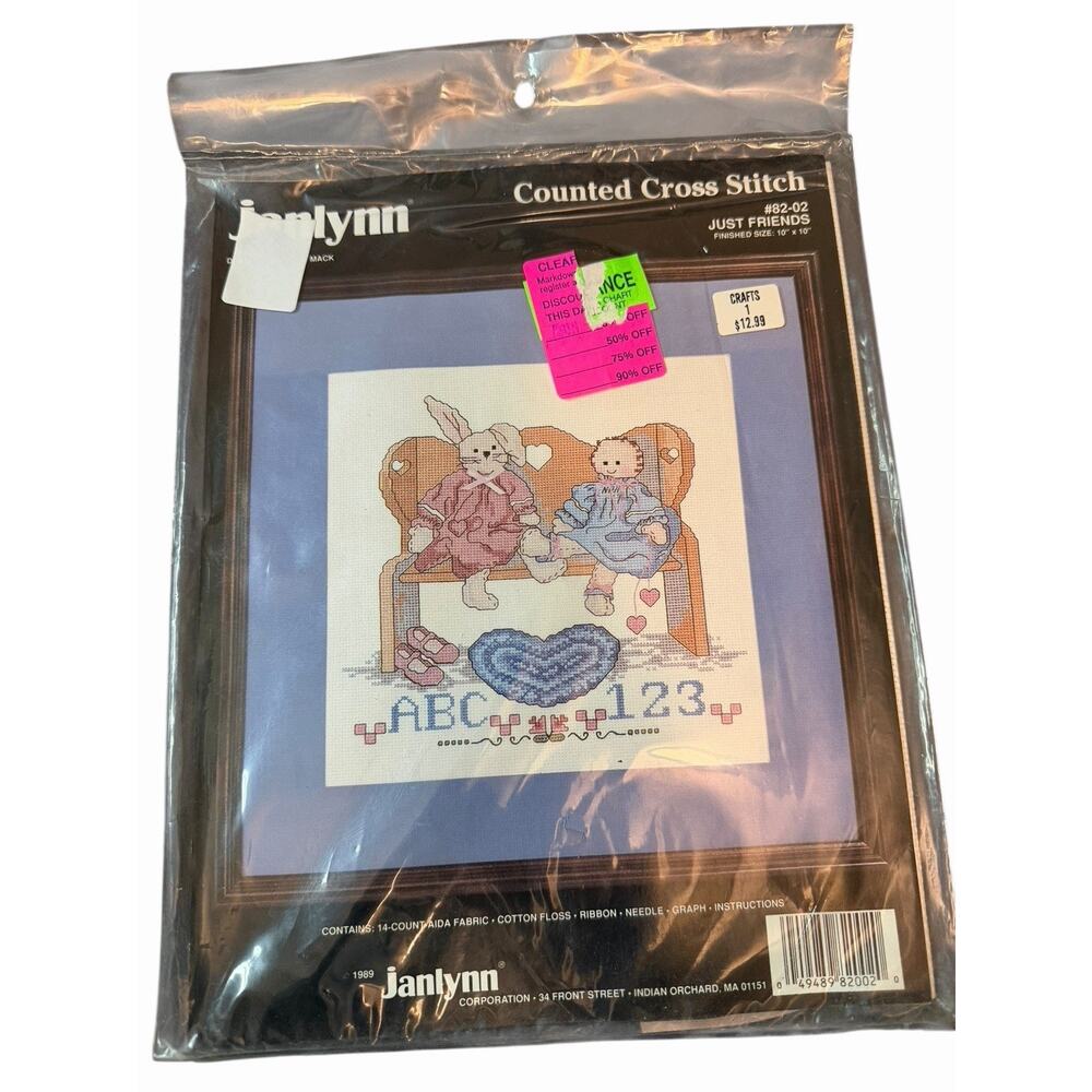 1989 Vintage New Janlynn Cross Stitch Kit 82-02 JUST FRIENDS 10x10 Bunny Doll